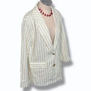 GAP Womens Size Medium Linen Blend Pinstripe Blazer Cream Blue Stripe Preppy‎